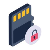 Padlock with card denoting isometric icon of secure memory vector