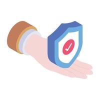 Hand with shield, protection service of user isometric icon vector