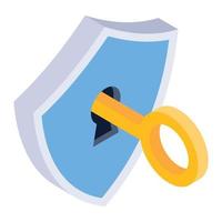 Shield unlock in isometric style icon, editable vector