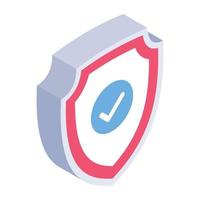 Shield with tick denoting isometric icon of verified protection vector