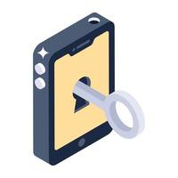 Phone with key denoting isometric icon of mobile access vector