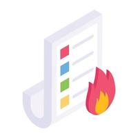 papel con fuego que denota un icono isométrico de datos en llamas vector