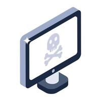 cráneo dentro de la pantalla que denota el icono isométrico de la computadora pirateada vector