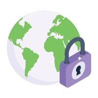 Globe with lock denoting isometric icon of global protection vector