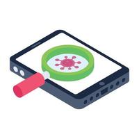Magnifier with mobile denoting isometric icon of mobile malware search vector