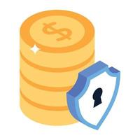 Shield with coins denoting isometric icon of money protection Financial, protection, money, cash, funds, safety, security, shield, coins, icon, vector, isometric vector