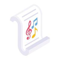 Musical notes on paper denoting isometric icon of music script vector