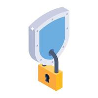 Padlock hanging with shield denoting isometric icon of vpn protection