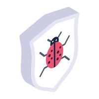 Bug on shield denoting isometric icon of antivirus vector