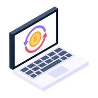 Trendy isometric icon of online bitcoin flow inside laptop vector