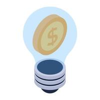 Coin with bulb, business idea in isometric style vector