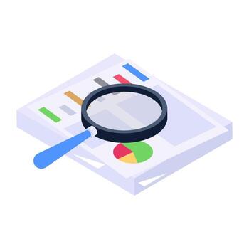 Magnifier on business analytics sheet, report analysis icon in isometric style vector