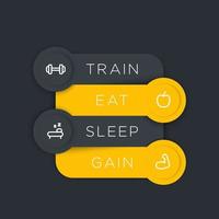 Train, eat, sleep, gain, step labels with fitness linear icons, training principles vector