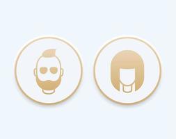Avatars round trendy icons, girl and bearded man, gold login pictograms, vector illustration