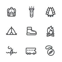 camping, iconos de senderismo establecidos en estilo lineal en blanco vector