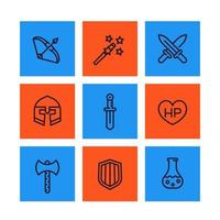 Game icons, RPG, fantasy items, swords, magic wand, bow, helmet, potion vector linear pictograms set