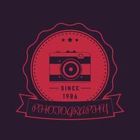 photography logo, emblem, badge with old camera, vector illustration