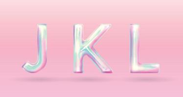 modern holographic alphabet letter J K L uppercase. vector of holographic font isolated on pastel background.