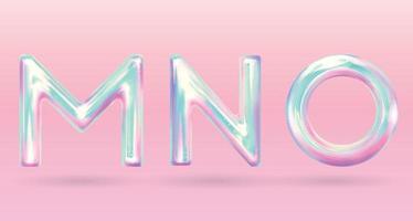 modern holographic alphabet letter M N O uppercase. vector of holographic font isolated on pastel background.