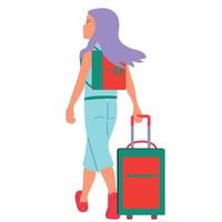 Girl with a backpack and a suitcase at the airport. She arrived in a new and unfamiliar city. vector