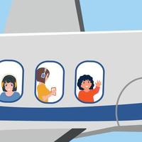 Children in headphones are flying on an airplane. Their faces are visible in the porthole. A fun journey. teenagers on board. Passengers look out the window during the flight vector