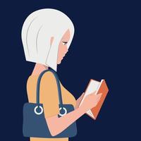 blonde girl reads an interesting book. Dark blue background vector