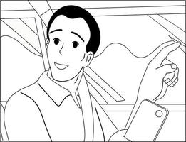 Black and white simpl. A young guy is driving a car. Show the right way. Map in a smartphone vector
