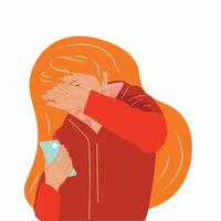 la joven está llorando y sufriendo. la chica tiene un teléfono móvil en la mano. diseño de vector de estilo dibujado a mano