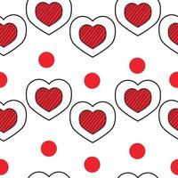 Seamless pattern of striped two-layer hearts for Valentines Day, doodle hearts and pink dots on a white background vector