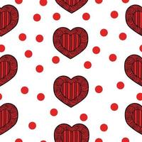 Seamless pattern of patterned hearts with spirals and stripes for Valentines Day, red doodle hearts and dots on a white background vector