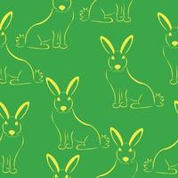 Rabbit stylized silhouette seamless pattern, yellow outline rabbit on a green background vector