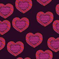 Seamless pattern of patterned hearts with waves and stripes for Valentines Day, pink doodle hearts on a gray background vector