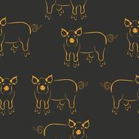 Pig stylized silhouette seamless pattern, yellow outline piglet on gray background vector