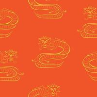 Dragon stylized silhouette seamless pattern, yellow outline dragon on orange background vector