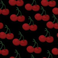 patrón sin costuras de cerezas jugosas, bayas rojas sobre un fondo negro vector
