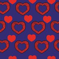 Seamless pattern of horizontal rows of hearts with patterns for Valentines Day, red doodle hearts on a blue background vector