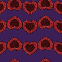 Seamless pattern of patterned hearts with spirals and stripes for Valentines Day, red doodle hearts on a purple background vector