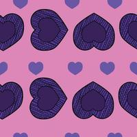 Seamless pattern of horizontal rows of hearts with Valentines Day patterns, purple doodle hearts on a pink background vector