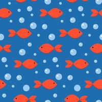 Cute seamless pattern with minimalistic red fishes and bubbles on dark blue backgruond. Designed for nursery room, kids apparel, baby fabrics, wallpaper, wrapping paper. Flat vector illustration