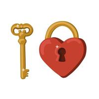 llave dorada y bloqueo en forma de corazón ilustración vectorial aislada. símbolos de boda y día de san valentín vector
