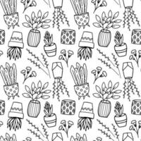 Seamless pattern with wild flowers and flowerpots on a white background. Monochrome vector doodle style background