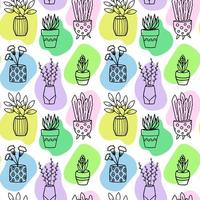 Seamless pattern with wild flowers and flowerpots on a white background with color shapes. Vector doodle style background