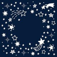 Stars and comets hand drawn doodle frame. Starry doodles vector illustration on the dark blue backdrop. Star and comets galaxy frame