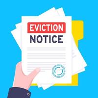 Hand holds eviction notice legal document on the clipboard with stamp, paper sheets and a pen vector illustration.
