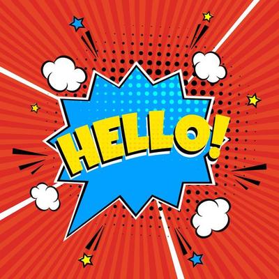 Comic lettering speech bubble for emotion with text HELLO comic style flat design. Dynamic pop art illustration isolated on rays background. Voice exclamation concept.