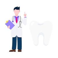 Doctor and bog tooth concept. Dentist standing and holding clipboard flat style design vector illustration.