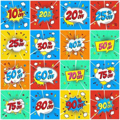 Comic lettering percents off SALE in the speech bubble comic style flat design set. Retro vintage pop art illustration isolated on rays background. Exclamation sticker or label store or shop.