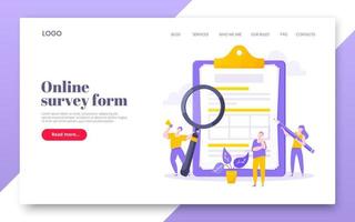 Online survey form business concept with tiny person with large pencil nearby giant clipboard vector