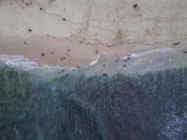 Aerial drone view of Holiday In Gunung Kidul Beach, Indonesia with ocean, boats, beach, and people. photo