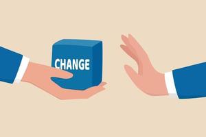 Status quo bias, fear or refuse to change, comfort zone or conservative thinking, afraid of changing risk or resist to make decision concept, businessman hand denied or refuse to get change cube box. vector